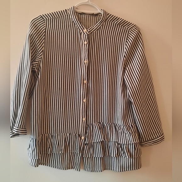 ZARA Basic Black and White Striped Blouse w/ Gold Luxury Buttons and Ruffles - Picture 1 of 6